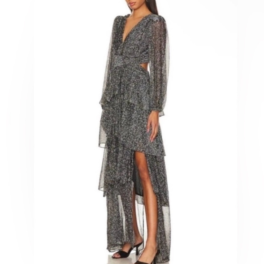 ASTR The Label Anora Metallic Tiered Maxi Dress Long Sleeve Black Size S